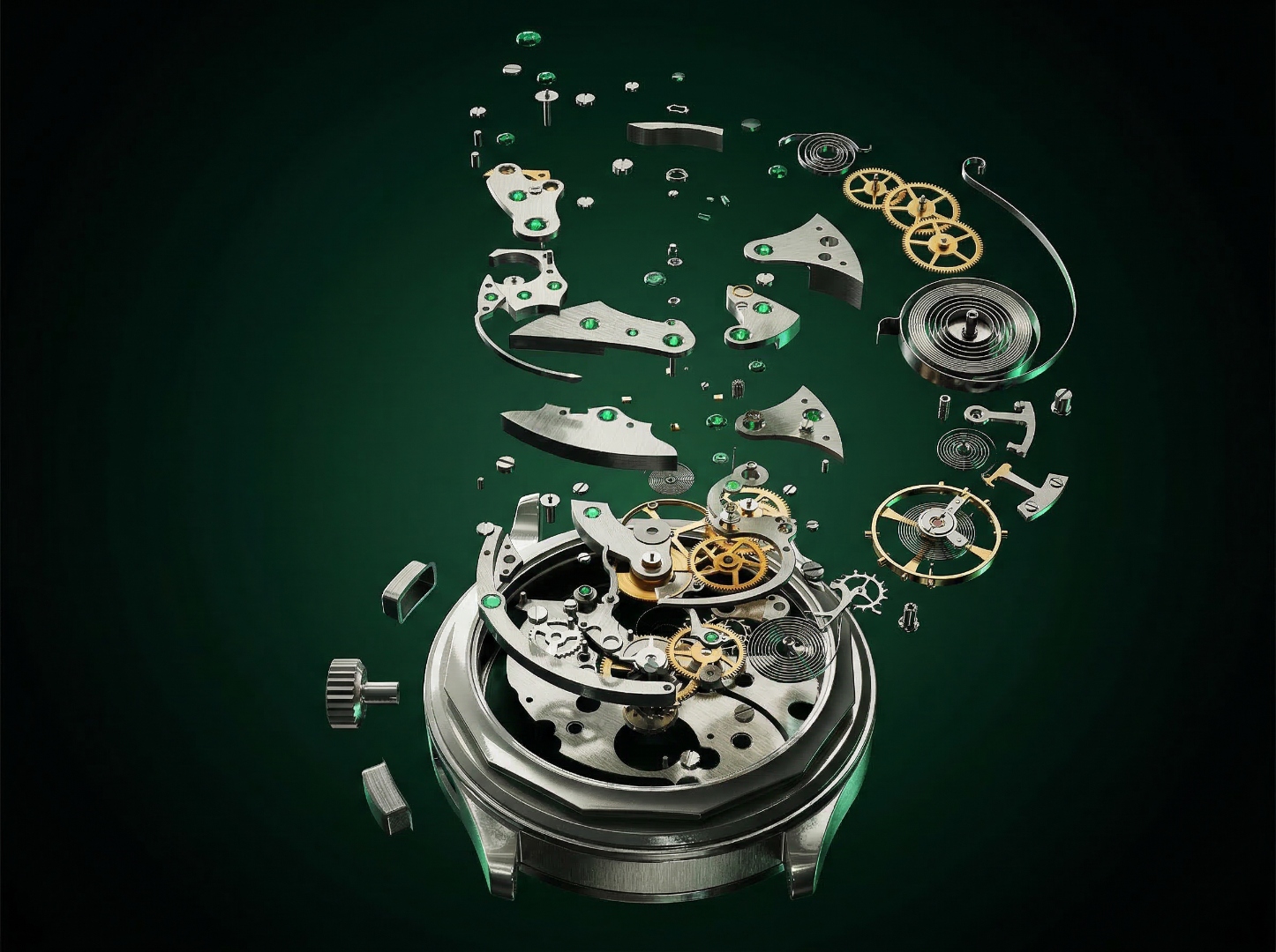 Exploded watch mechanism with emerald jewels and golden gears